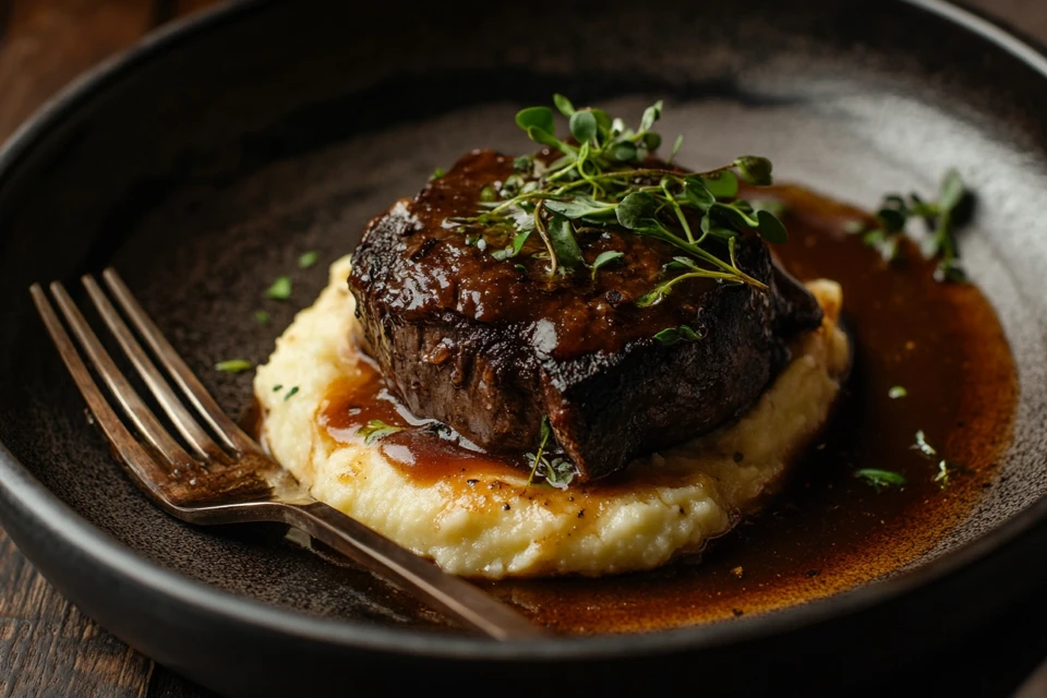 A Plate Of Slow Cooked Beef Cheek Meat Served Over Creamy Mashed Potatoes With A Rich, Glossy Sauce.