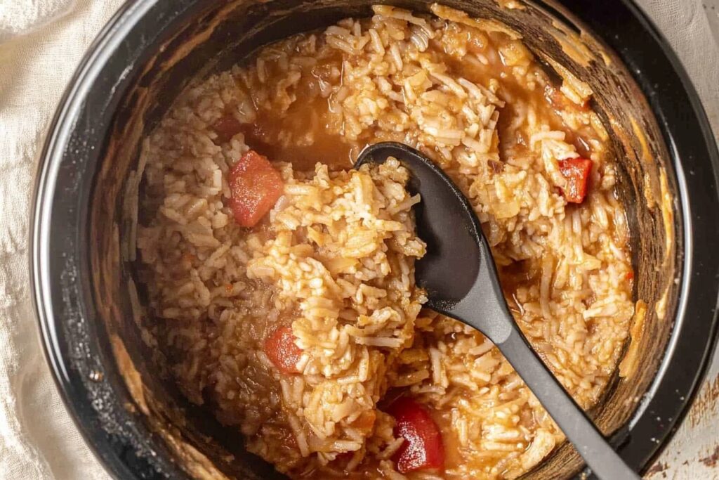 A Pot Of Slow Cooked Mexican Rice With Tomatoes And Spices, Stirred With A Black Spoon For A Rich And Hearty Texture.
