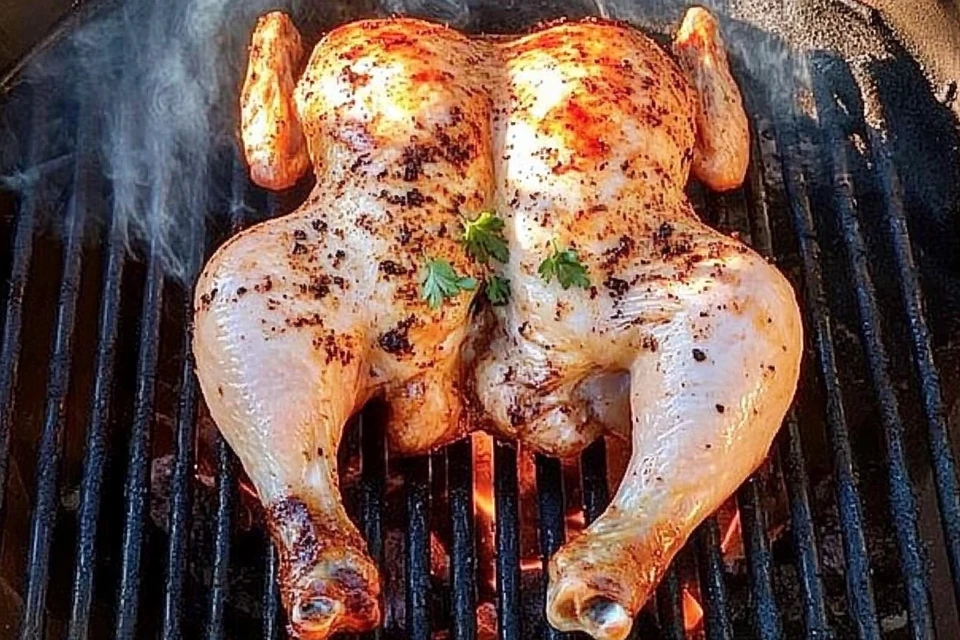 Charcoal Grilled Chicken With Crispy, Golden Brown Skin, Served On A Wooden Board With Fresh Herbs