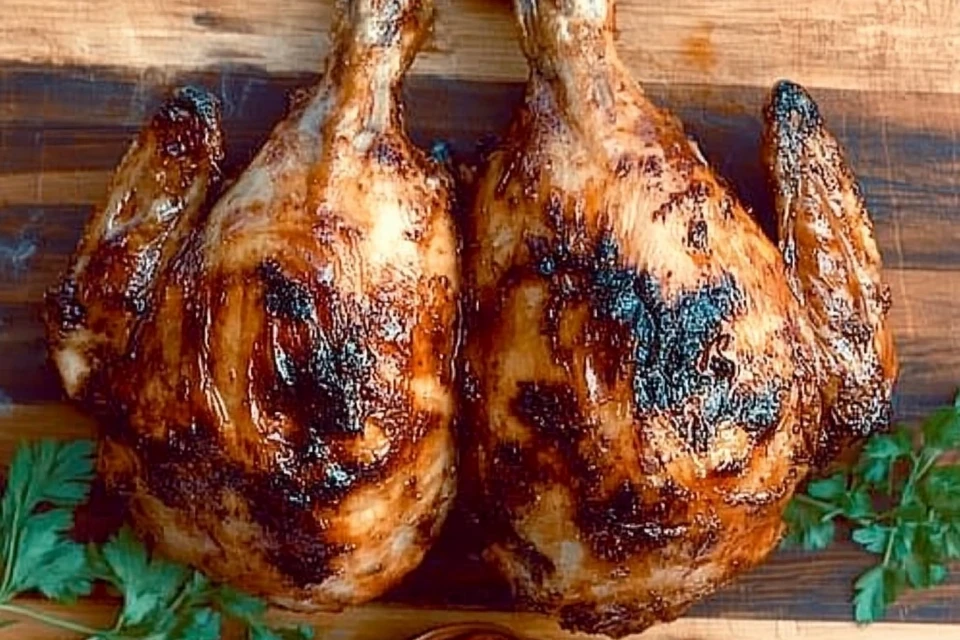 Golden Brown Charcoal Chicken With Crispy Skin, Served On A Rustic Wooden Board With Fresh Herbs