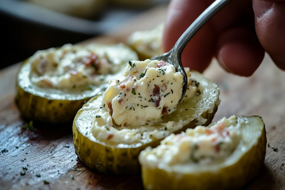 A hand stuffing creamy cheese filling into halved dill pickles with a spoon.