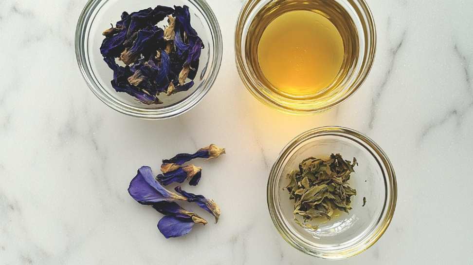 Three glass bowls containing butterfly pea flowers, apple cider vinegar, and honey for a Brazilian Mounjaro wellness drink.