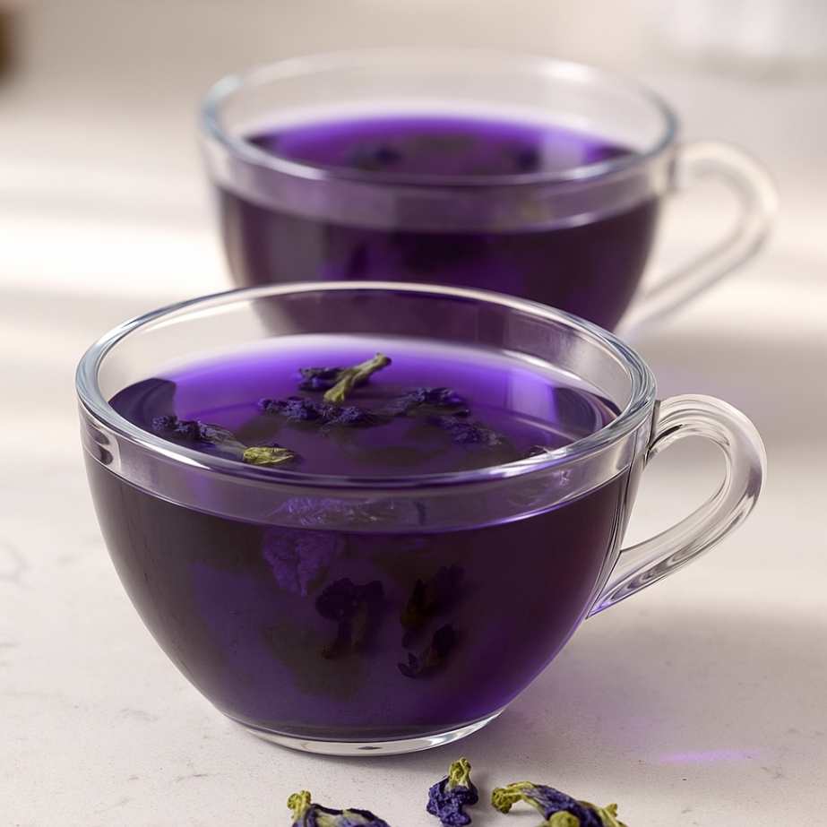 Clear glass cup filled with vibrant purple Brazilian Mounjaro drink made from butterfly pea flower, on a bright marble surface