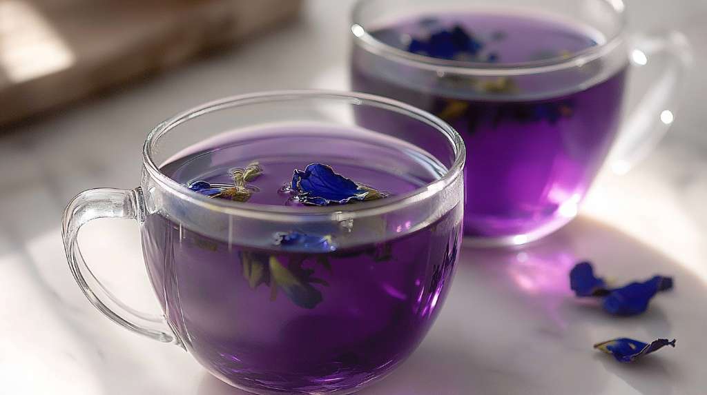 A clear glass cup filled with deep purple butterfly pea flower tea, part of the Brazilian Mounjaro recipe, surrounded by dried petals on a bright kitchen counter.