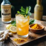 A glass of the Natural Mounjaro drink with ice, fresh mint, ginger root, turmeric, and lemon