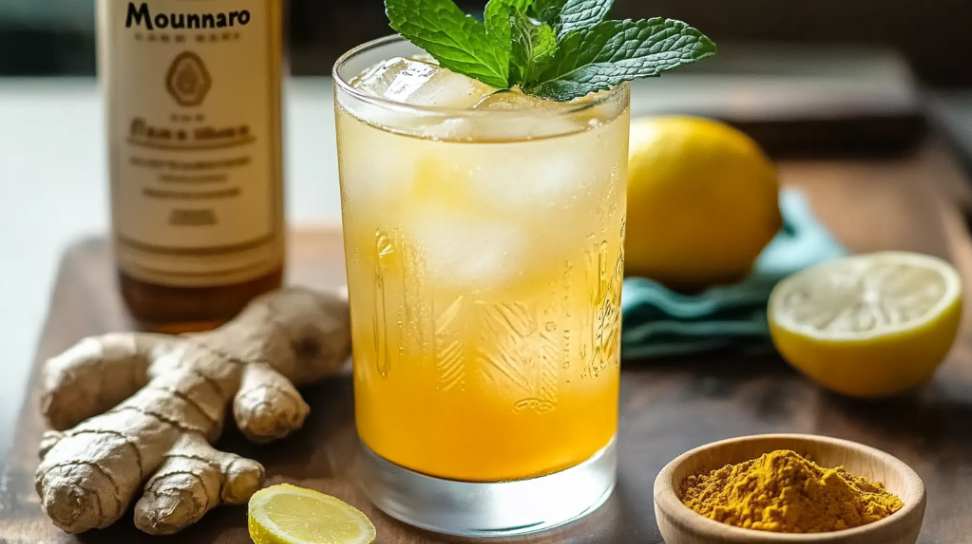 A glass of the Natural Mounjaro drink with ice, fresh mint, ginger root, turmeric, and lemon