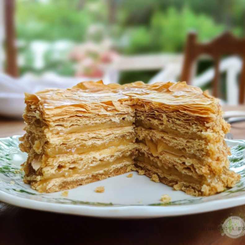 Slice of homemade Chilean Milhojas cake with layers of crispy pastry, dulce de leche, and crushed walnuts