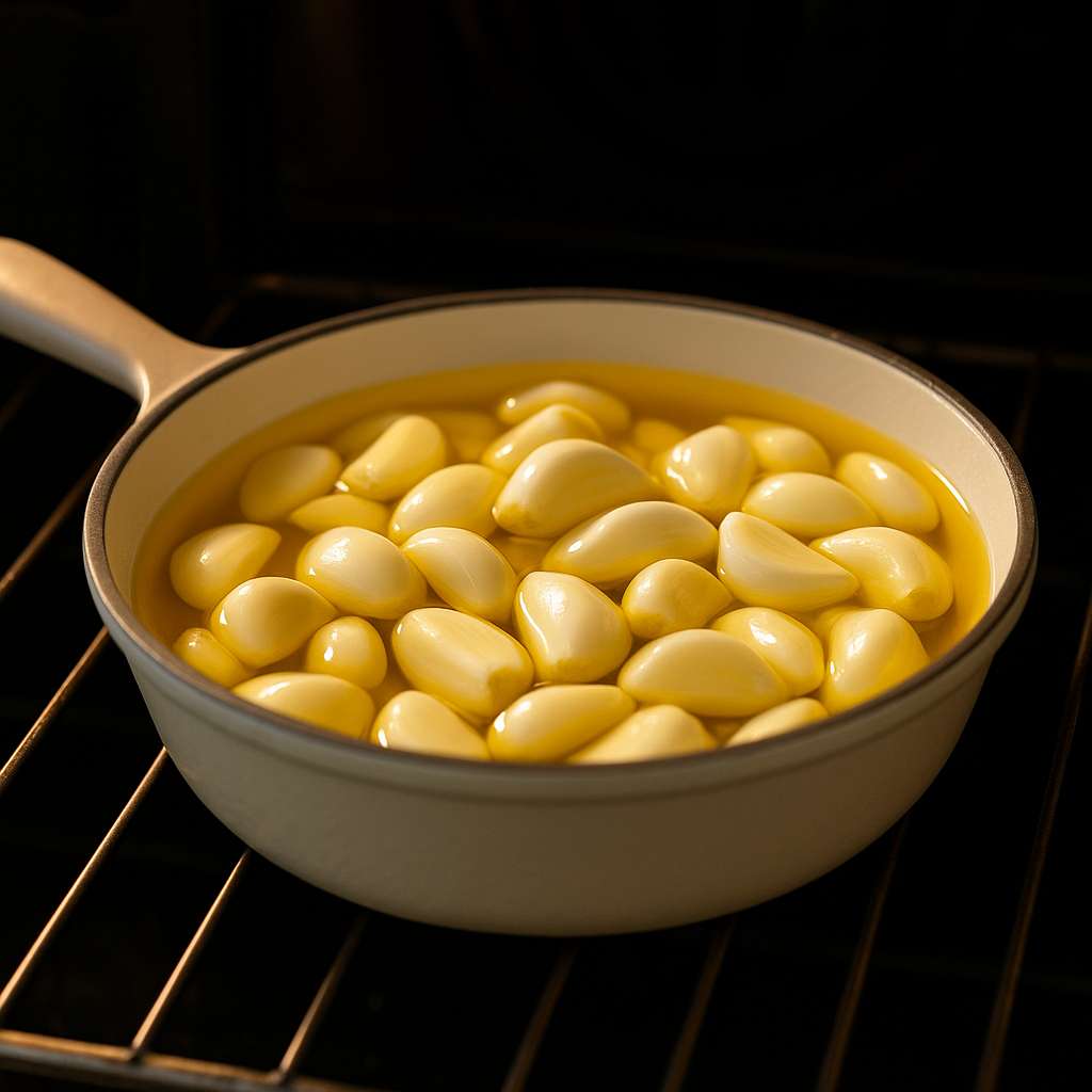Garlic cloves in olive oil simmering in a skillet for garlic confit preparation