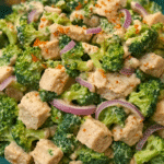 Square image of Garlicky Feta Chicken Salad with broccoli and creamy feta dressing, no text overlay