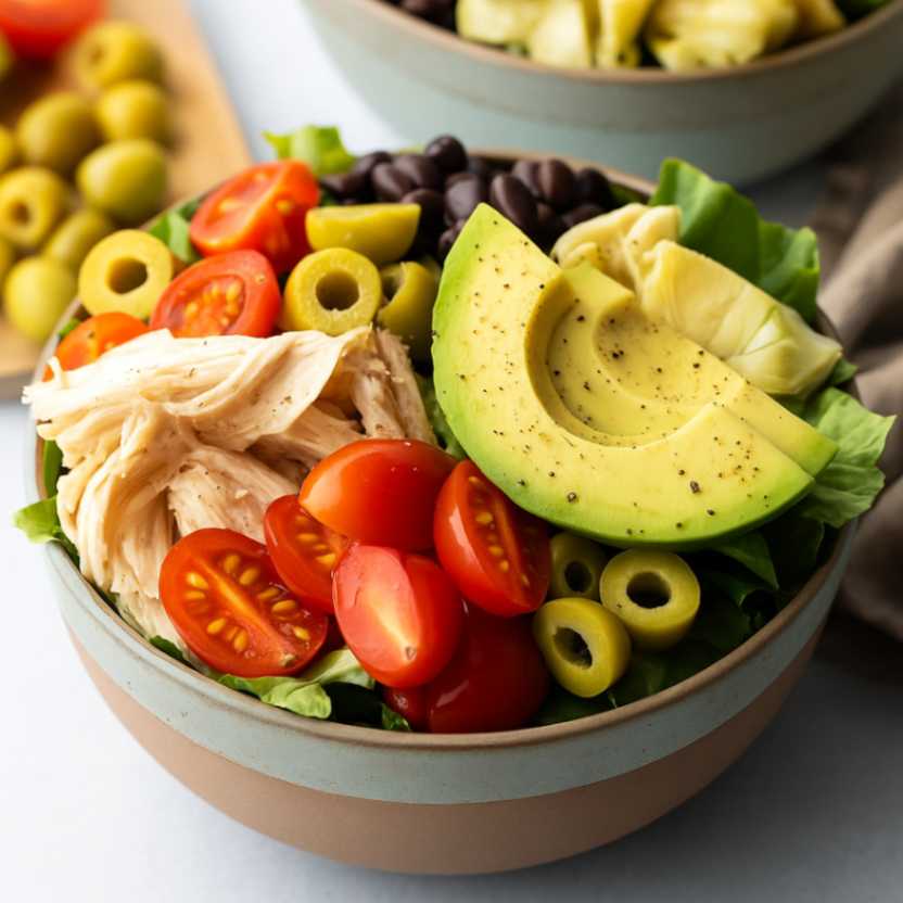 No-cook protein power bowl with avocado, shredded chicken, cherry tomatoes, olives, artichokes, and black beans on a bed of greens