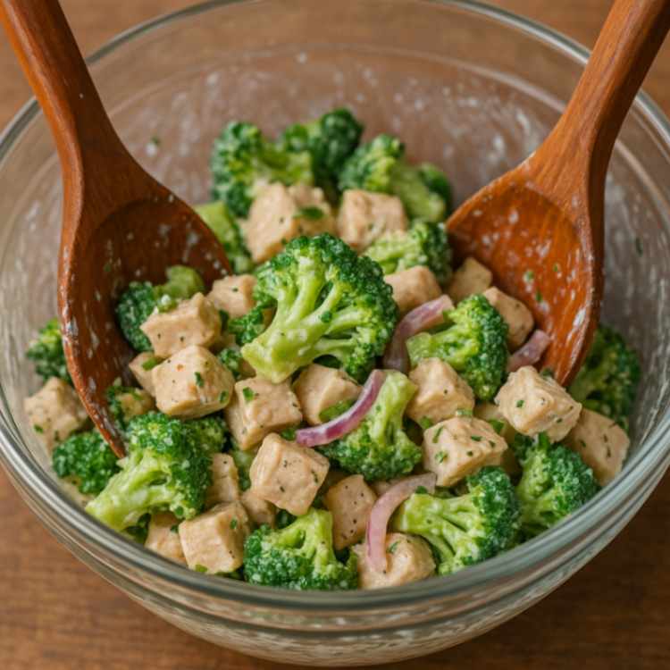 Chicken and broccoli salad being tossed in creamy garlic-feta dressing with wooden salad spoons