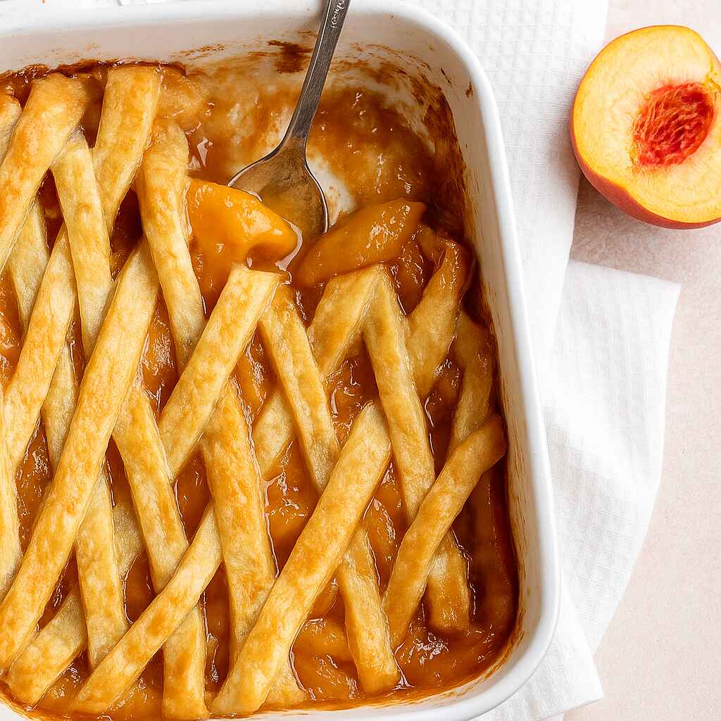 Freshly baked Southern peach cobbler in a white baking dish with a golden lattice crust and warm peach filling, served with a spoon.