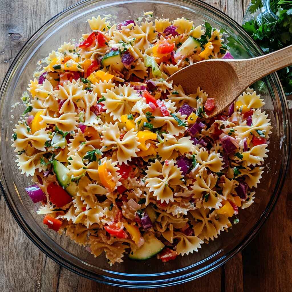 Mixing Cold Pasta Salad With Italian Dressing