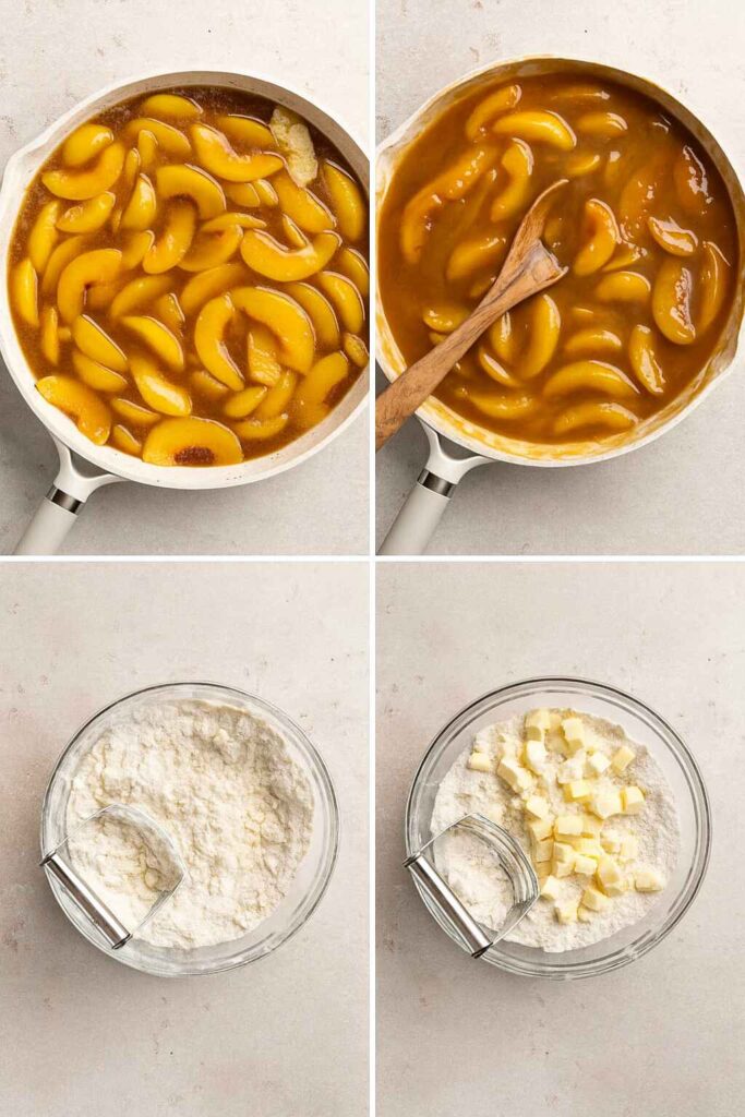 A step-by-step collage showing the preparation of Southern peach cobbler with cooked peaches in a skillet and flour with butter cubes in a mixing bowl.