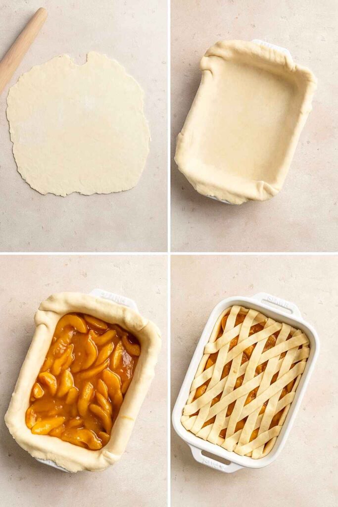 A step-by-step collage showing rolled pie dough, a baking dish lined with crust, peach filling added, and a finished lattice crust ready to bake.