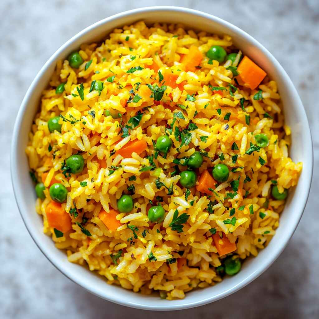 A bowl of fluffy yellow rice pilaf with peas, carrots, and parsley, served in a white bowl on a light background.