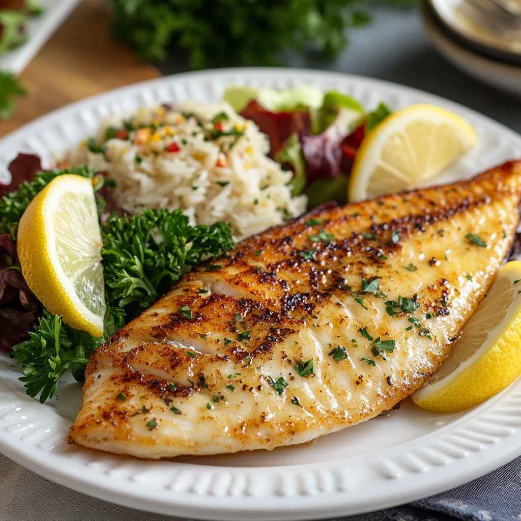 Garlic butter tilapia served with salad and lemon