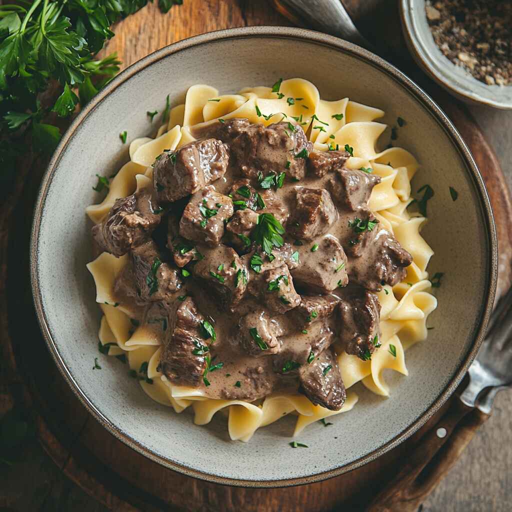 beef stroganoff served over noodles on rustic table