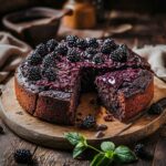 Blackberry chocolate cake sliced on rustic table