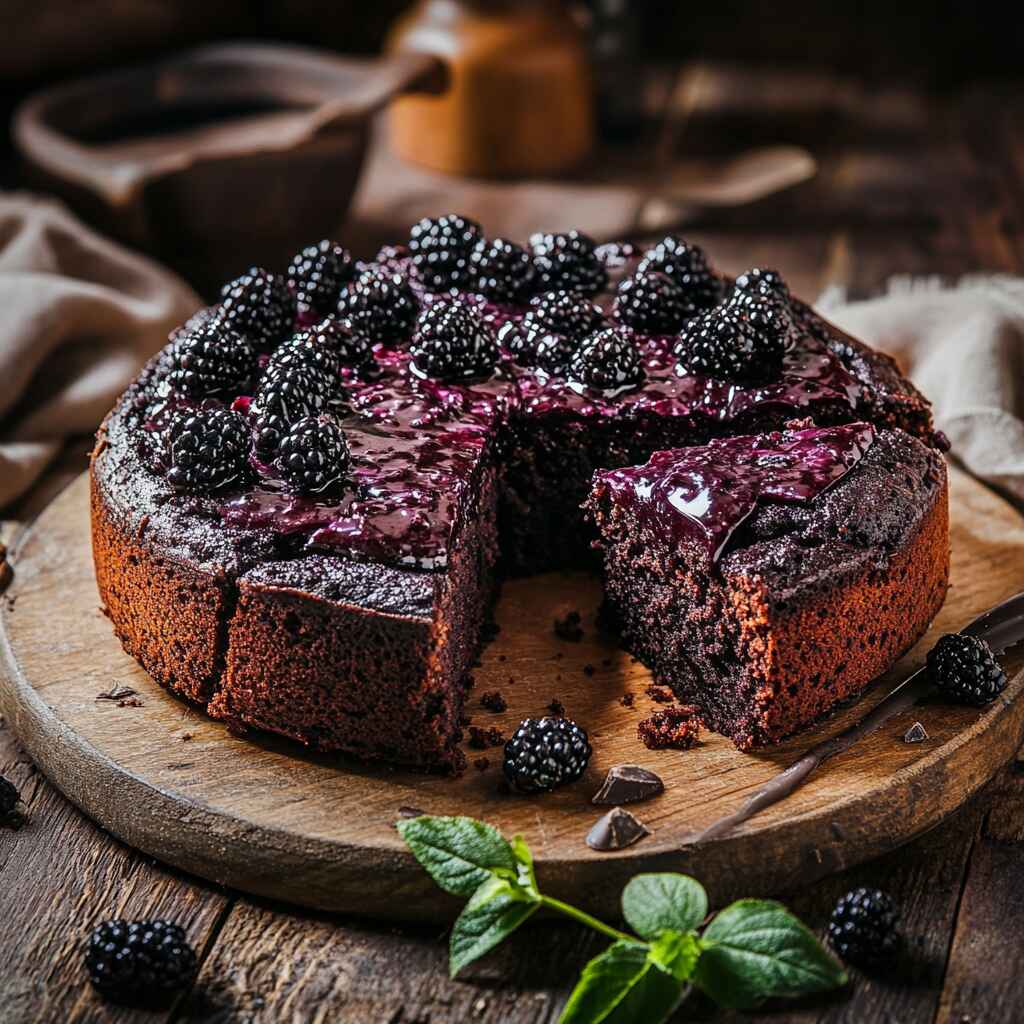 Blackberry chocolate cake sliced on rustic table