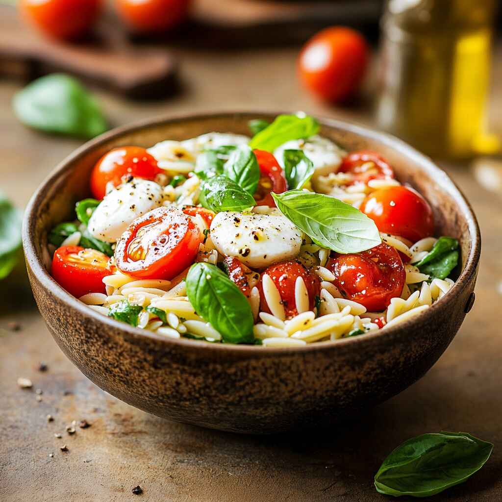 Caprese Orzo Salad in a rustic kitchen bowl