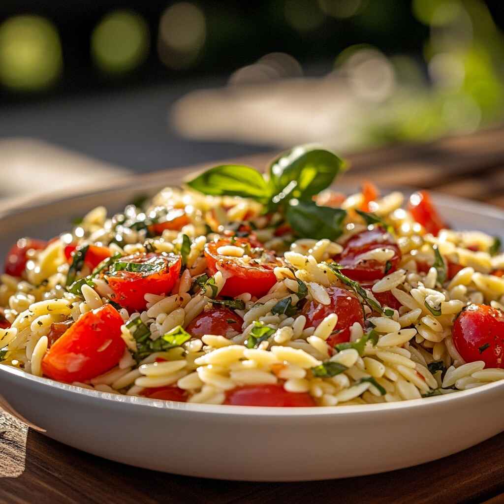 Caprese Orzo Salad ready to serve