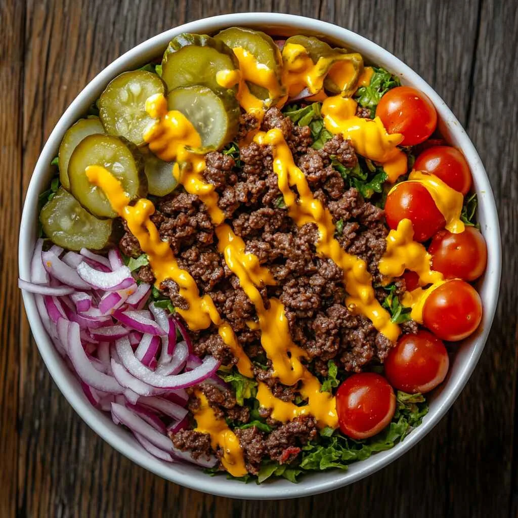 Cheeseburger salad with beef, pickles, cheese, and sauce in bowl