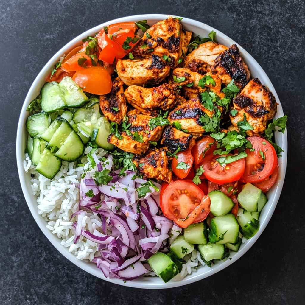 chicken shawarma bowl with rice and vegetables