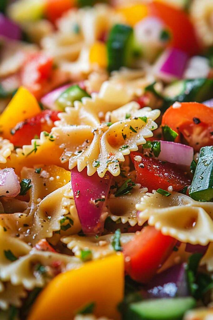 A fresh and colorful cold pasta salad tossed with Italian dressing
