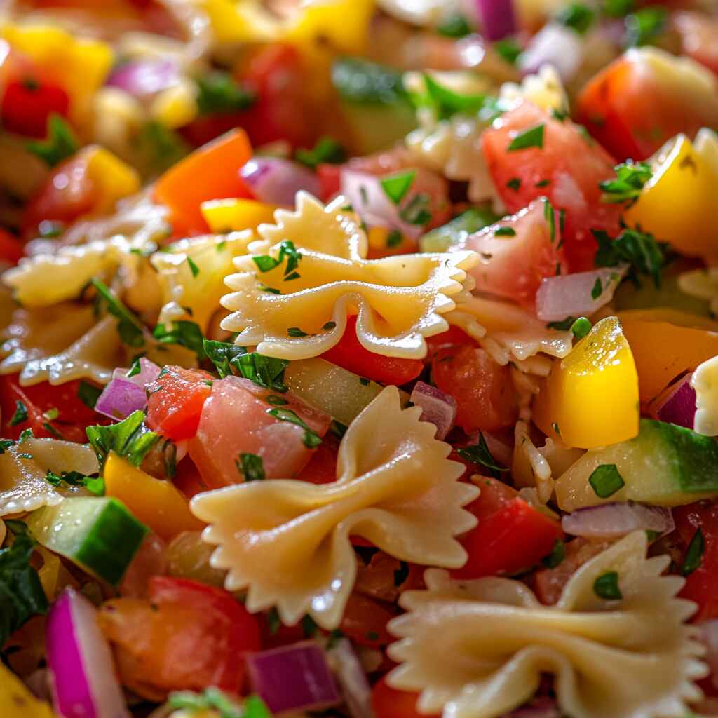 Cold pasta salad with Italian dressing in a white bowl