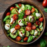 Cucumber Caprese salad in rustic bowl