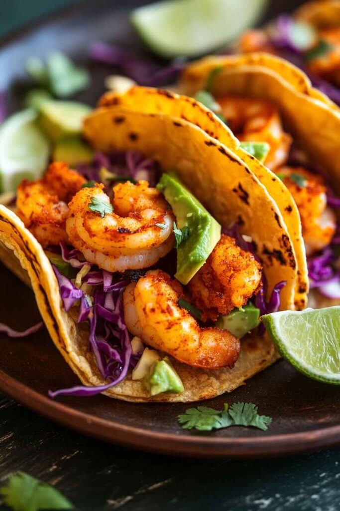 easy spicy shrimp tacos with avocado and cabbage