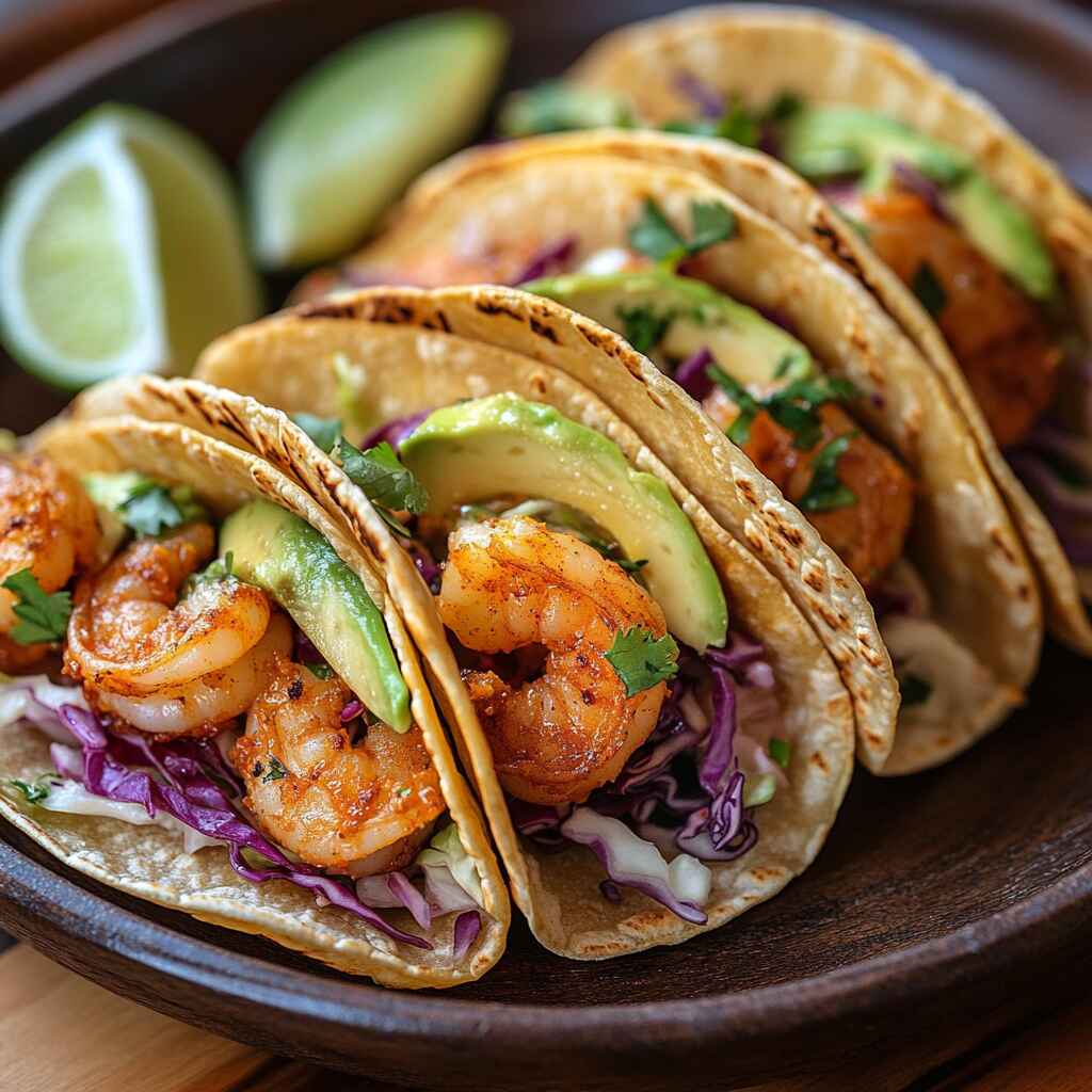 easy spicy shrimp tacos with avocado and cabbage