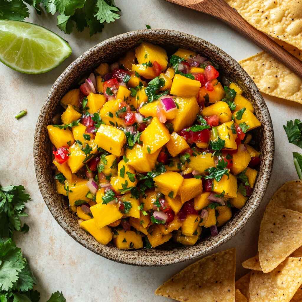 Fresh mango salsa in rustic bowl with lime and cilantro
