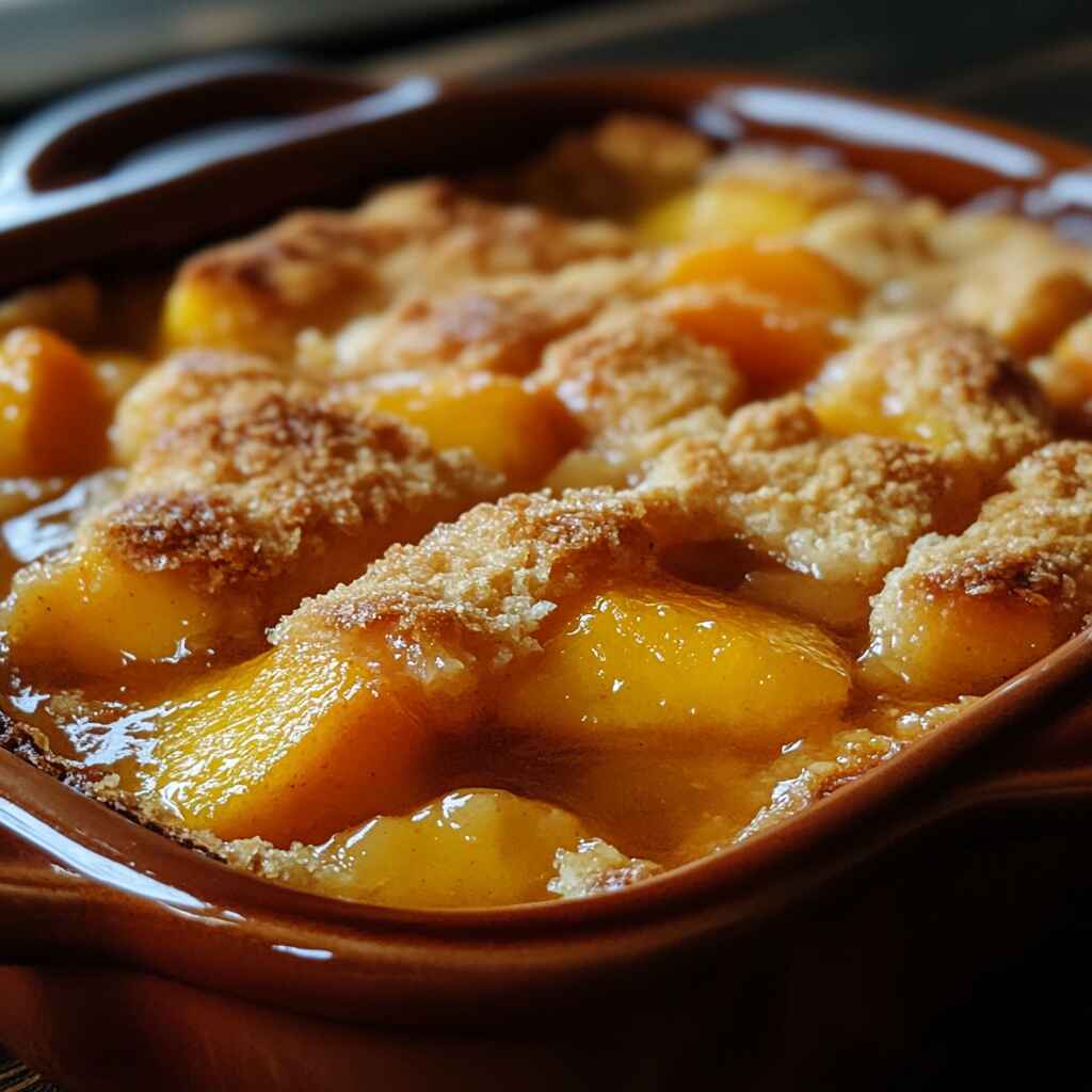 Fresh Peach Cobbler Recipe in a baked golden dish