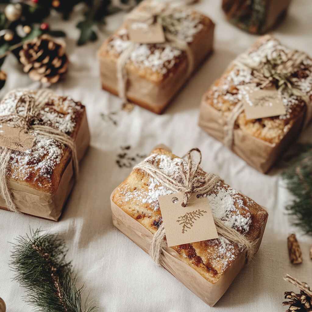 Gift-wrapped mini loaf cakes with ribbons and tags