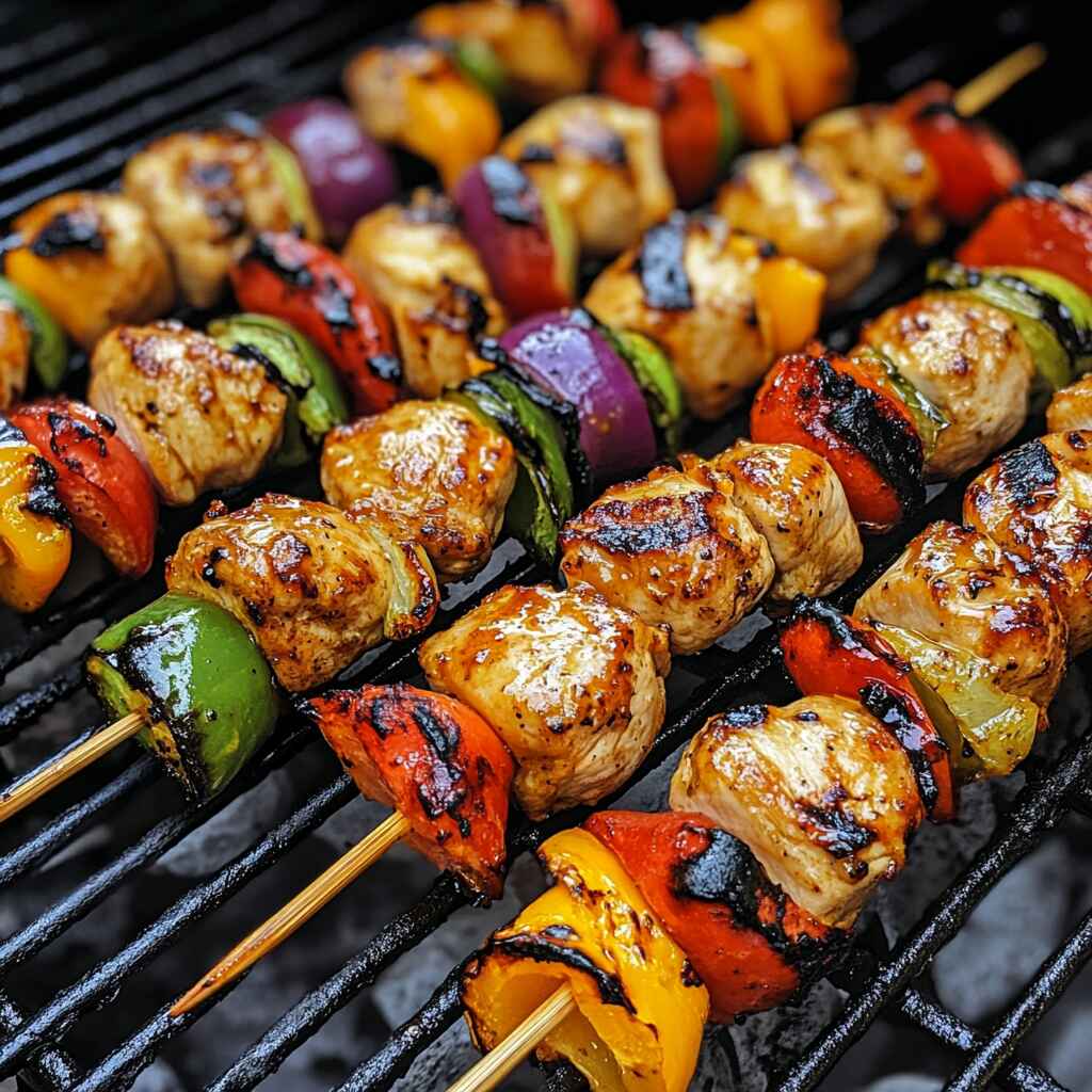Grilled chicken skewers with vegetables on BBQ