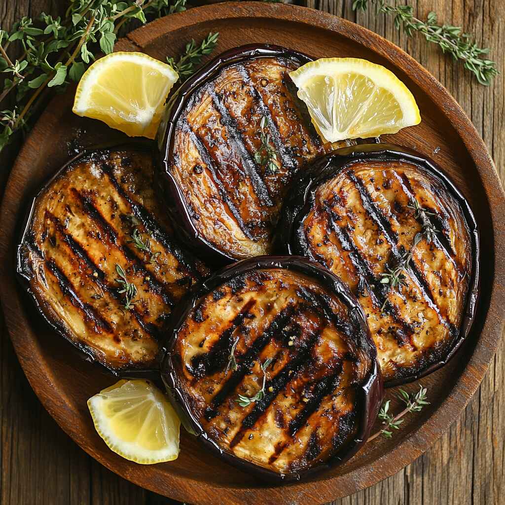grilled eggplant slices with char marks and herbs