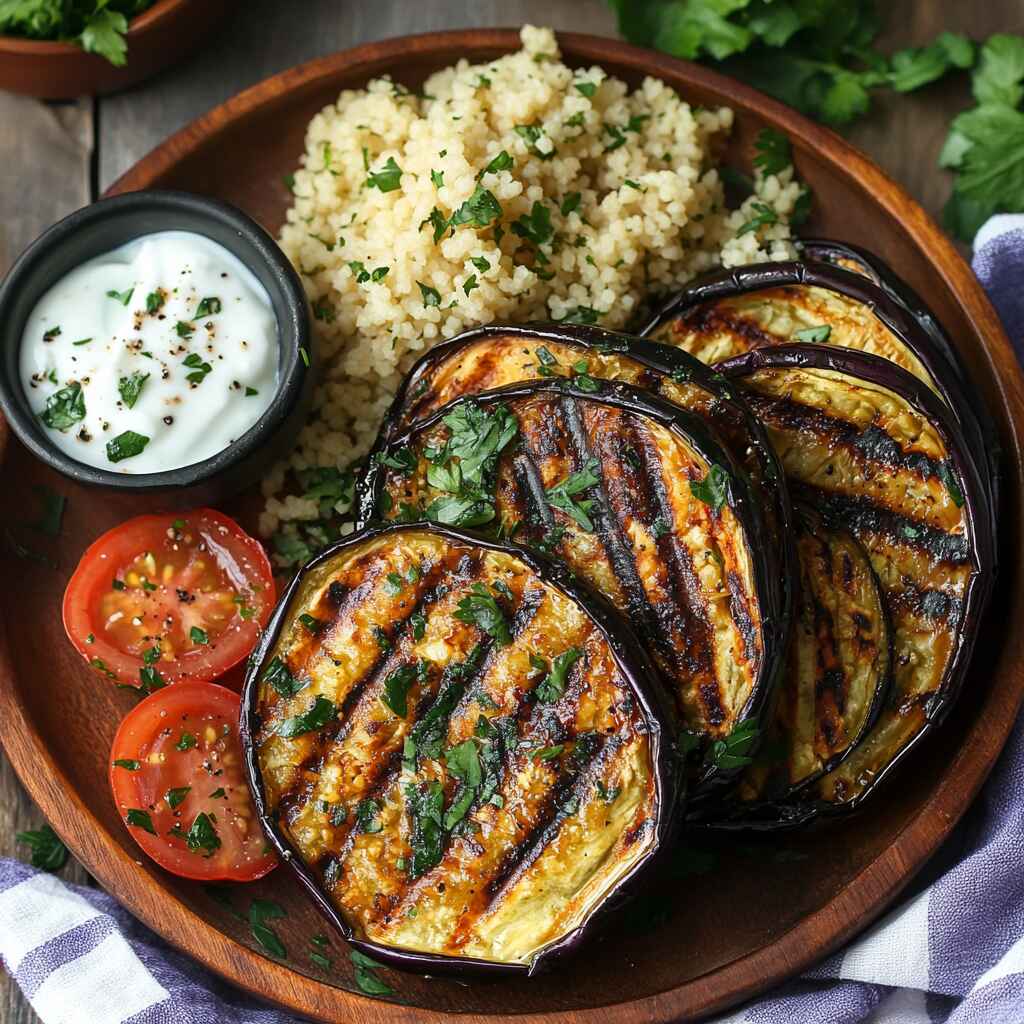 grilled eggplant with Mediterranean sides