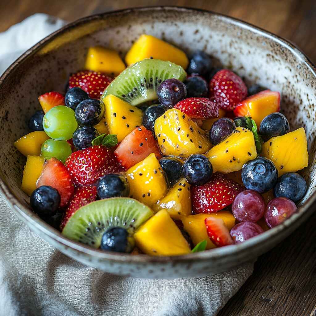 Honey lime fruit salad in bowl