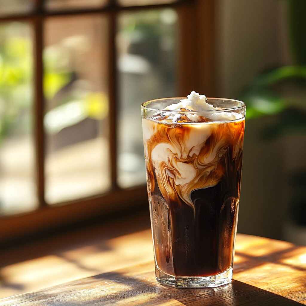 Iced Coffee with Coconut Milk in Sunlight