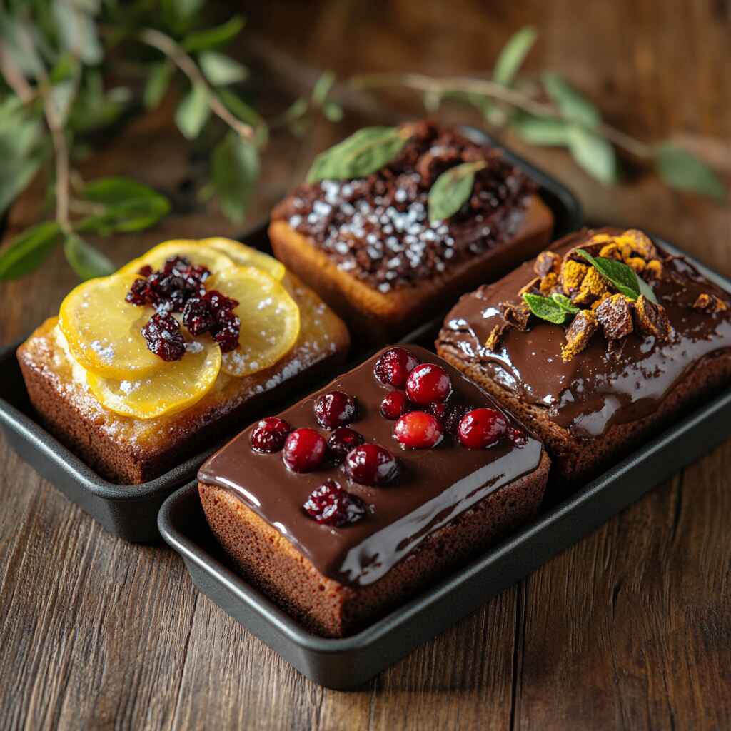 Assorted mini loaf pan desserts displayed on a wooden table