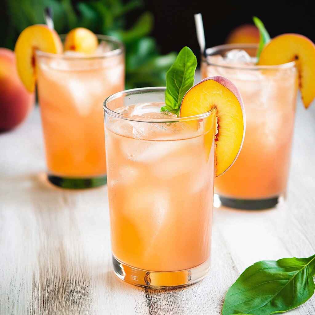 peach lemonade in mason jar with fruit slices