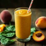 Peach Spinach Smoothie in glass with peaches and spinach