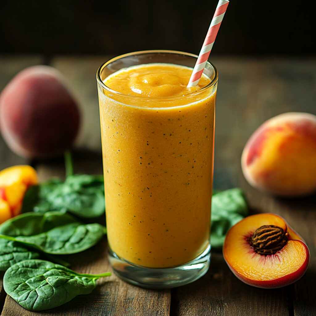 Peach Spinach Smoothie in glass with peaches and spinach