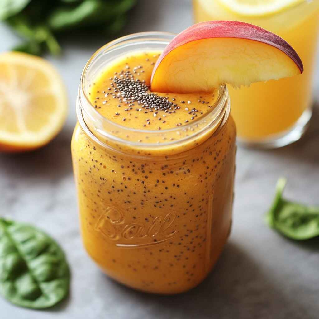Smoothie served with chia and peach garnish