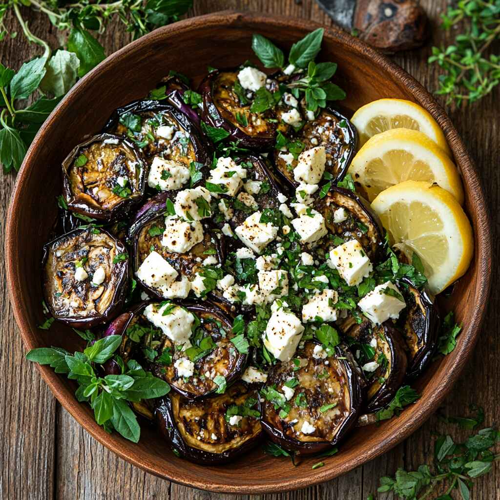 Roasted eggplant salad with feta in ceramic bowl