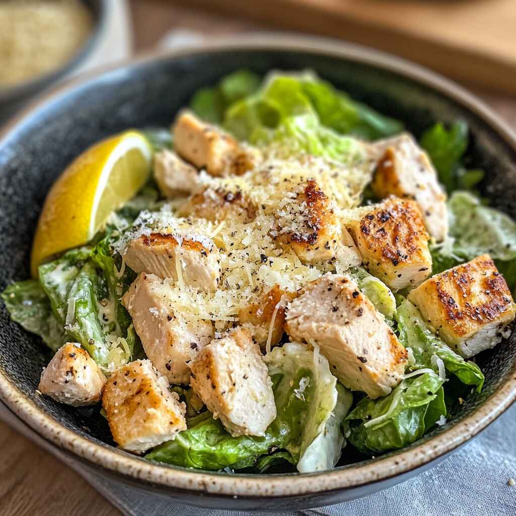 Served Chicken Caesar Salad.