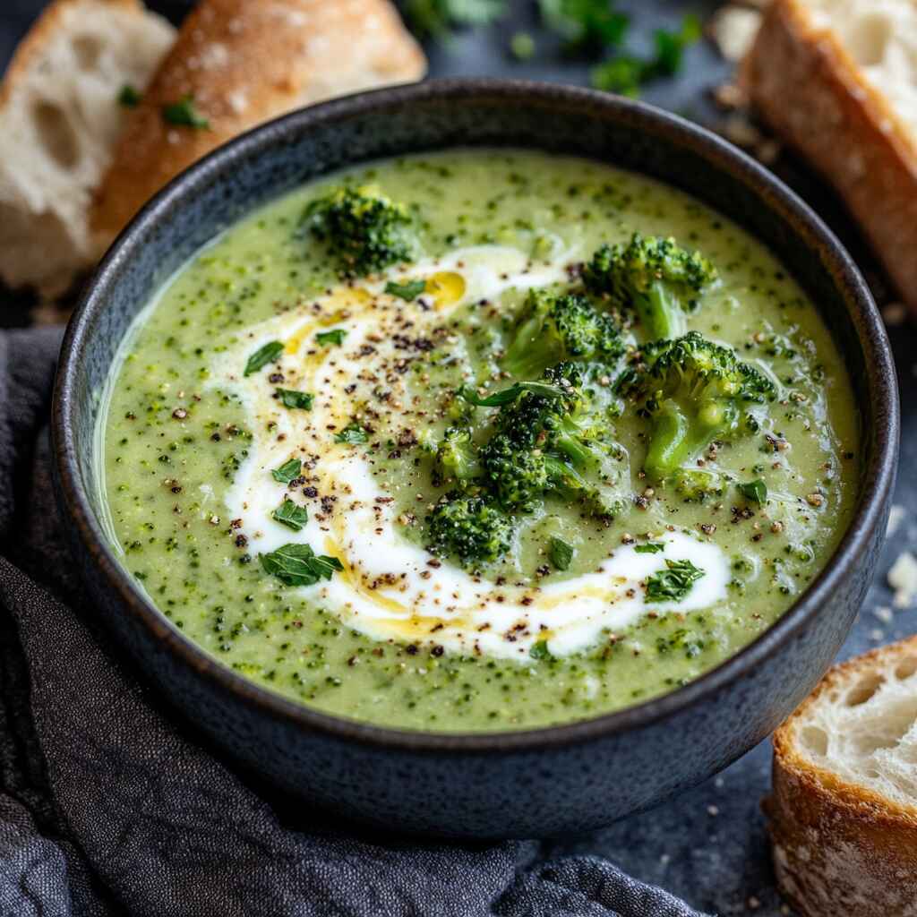 Bowl of broccoli cheese soup with bread