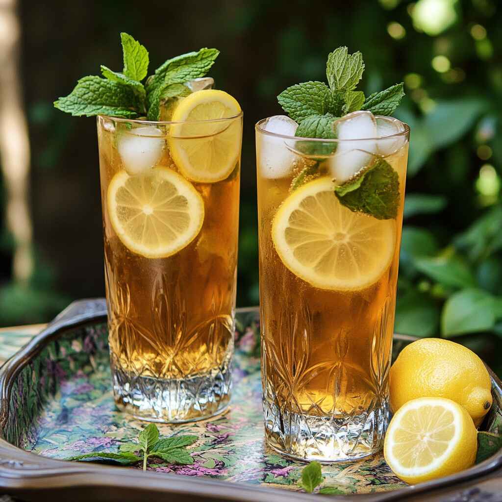 serving lemon iced tea with mint and lemon slices